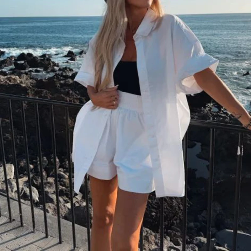 

Fashion Single Breasted Lapel Shirts Shorts Matching Set Casual Solid Color Loose 2 Piece Sets Elegant Pocket Pants Vacation Set