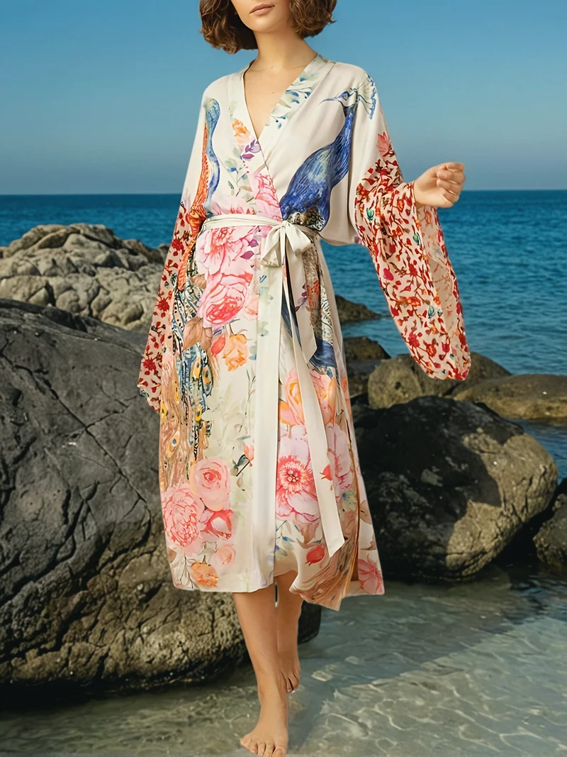 

MOXDO Cardigan Beach Cover-Up: Long-Sleeve Sun Protection Cardigan for Women with Peacock Print, Perfect for the Beach, Pool,
