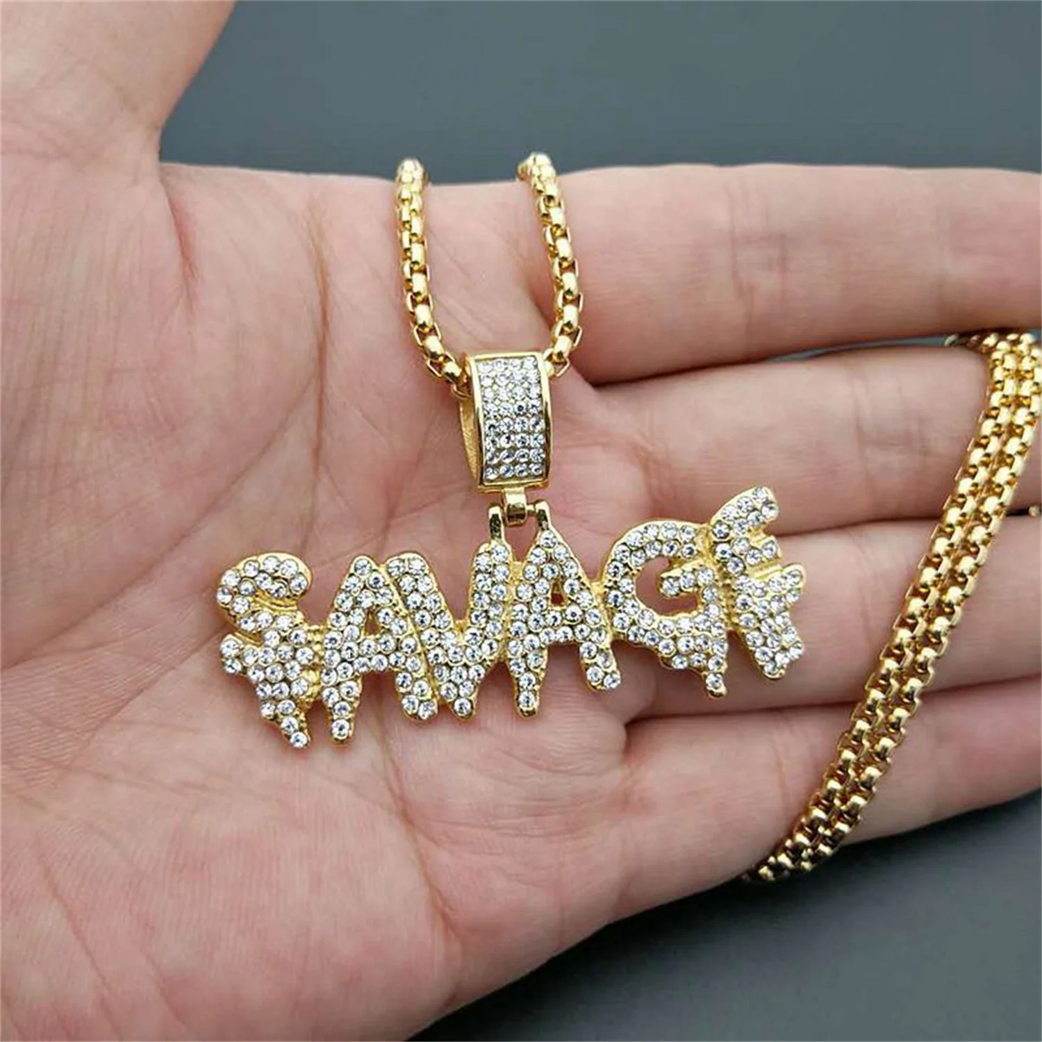 Hip Hop Iced Out Bling Savage Pendant Dropshipping Gold Color Stainless Steel Rapper Letter Necklace for Men Hiphop Jewelry Gift