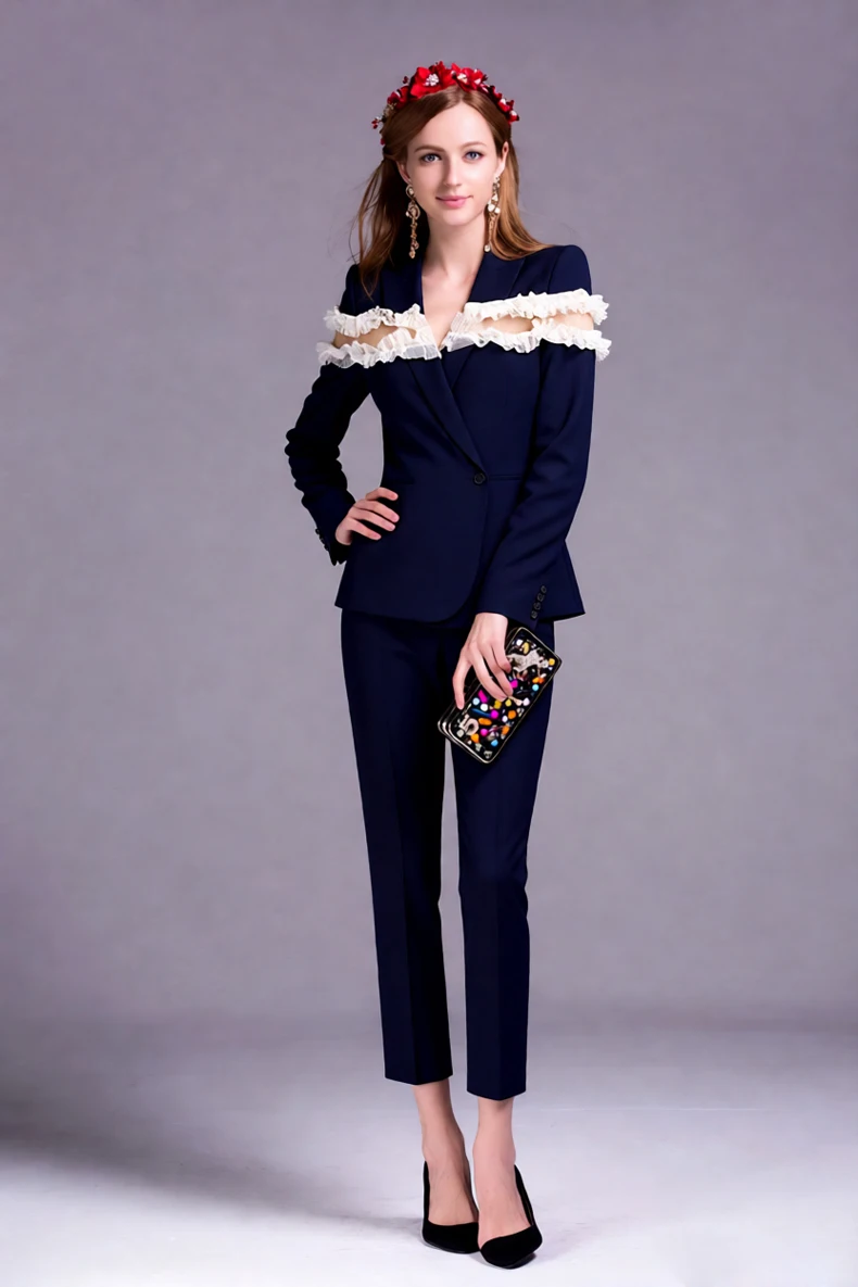 Women's Navy Blue Blazer Set, Ruffle Sheer Yoke Long Sleeve One Button Jacket & Slim Fit Pants, Elegant Office Lady Pantsuit