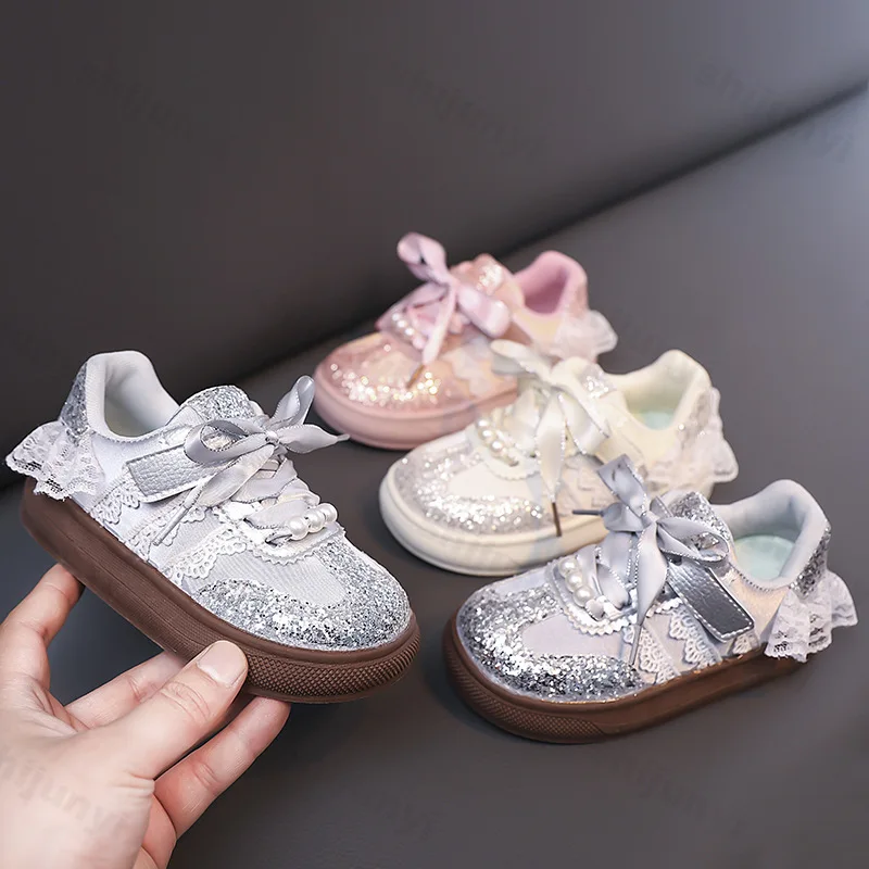 

Girls' Fashion Shiny Lace Design Casual Thick Soled Single Shoes 2025 Autumn Children's Soft Bottom Comfortable Low Top Sneakers