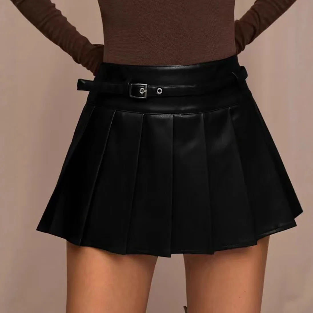 SKMY College Style Pleated Skirts Clothes For Women Fashion Versatile Spicy Girl High Waisted PU Leather Skirts With Bottoms