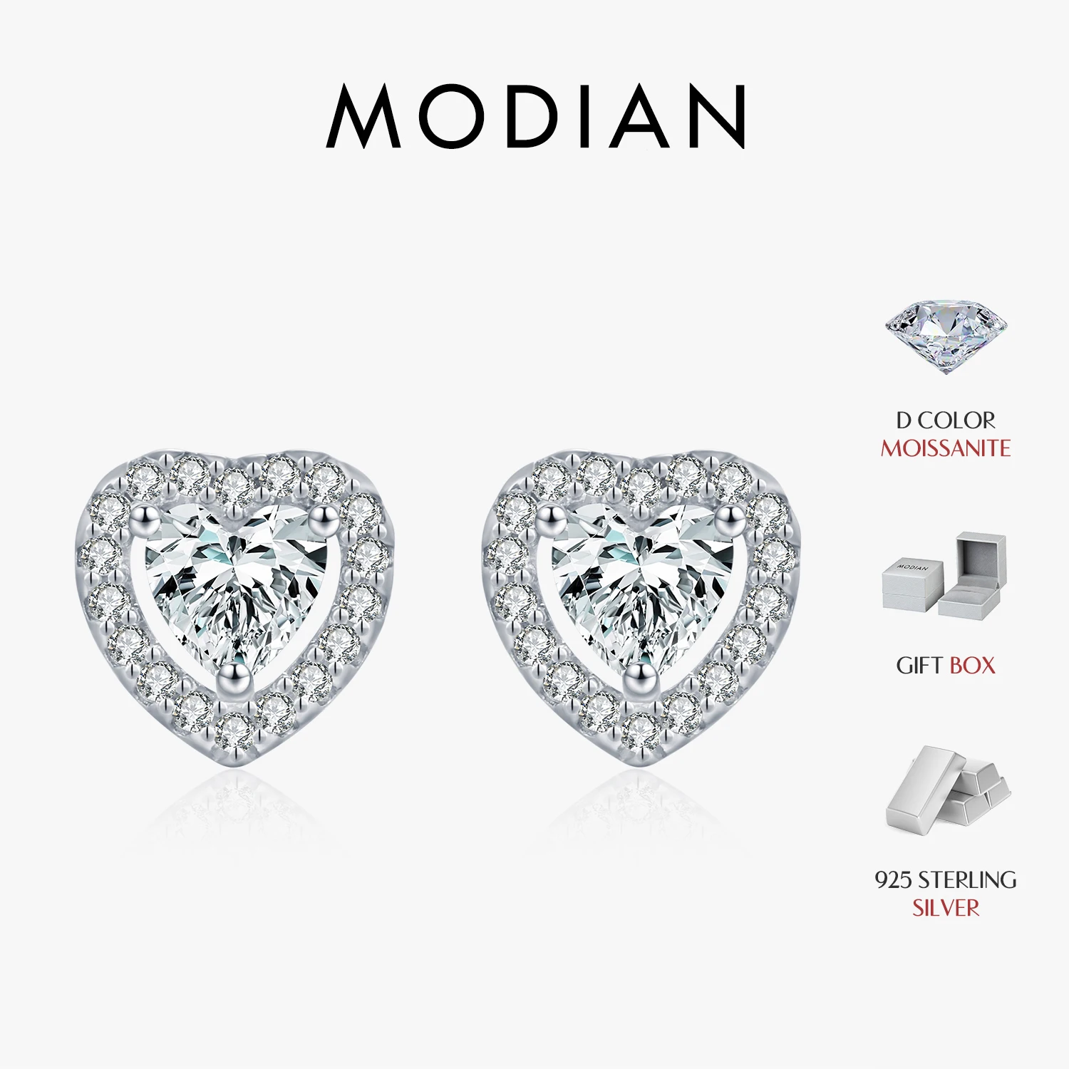 

MODIAN Dazzling D Color Hearts Moissanite Halo Earrings 925 Sterling Silver Clasic Wedding Stud Earrings For Women Fine Jewelry