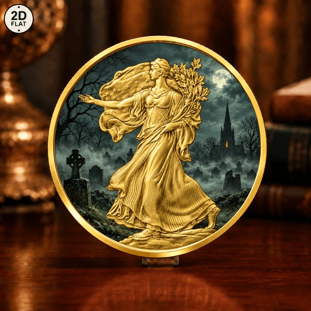 1pc Mysterious Gothic Raven Nevermore Commemorative Coin Color Print Blood Moon Graveyard Souvenir Medal Halloween Keepsake Gift