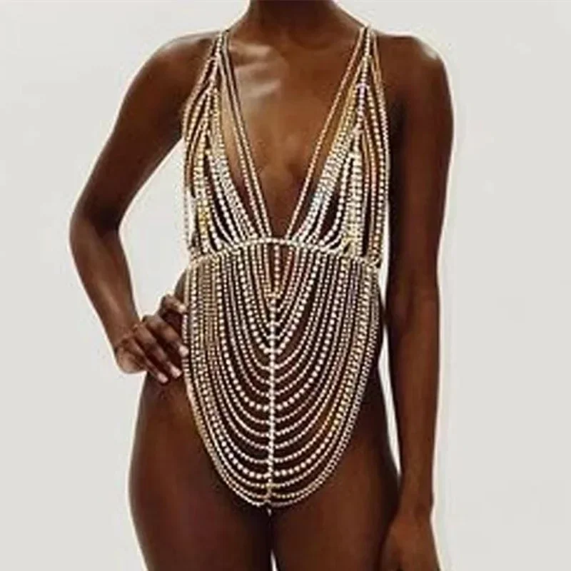 

Underwear and Bra One-piece Set, See Through Bikini Clothing, Rhinestone Nightclub Accessories, Sparkling Diamond Body Chain