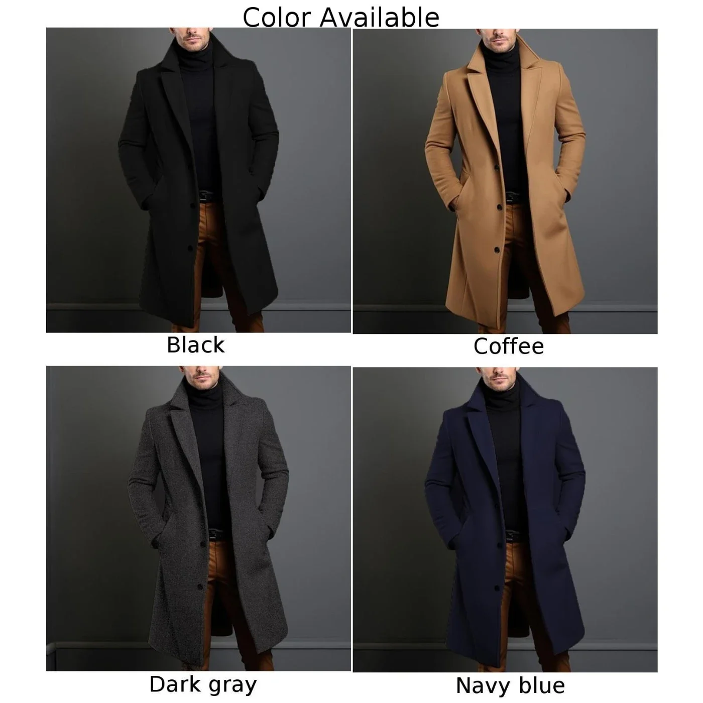 Casaco de blusão de lã longo single-breasted masculino, jaquetas monocromáticas, roupas quentes, tops de luxo, outono e inverno