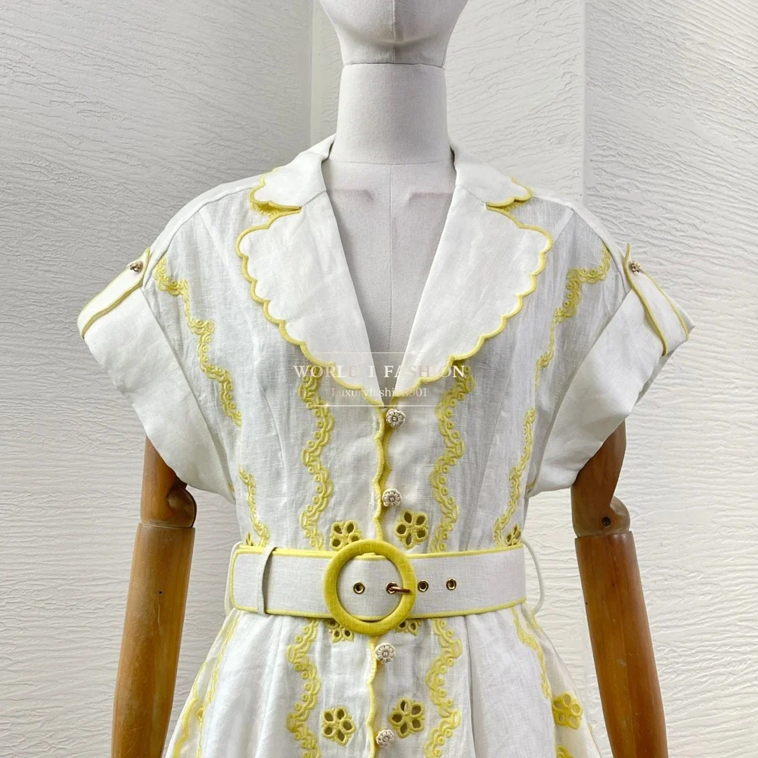 Reines Leinen, neuer Strandstil, Stickerei, Haken, Blume, hohl, Vintage, kurzärmelig, Damen, 2025, Urlaub, hochwertiges Minikleid