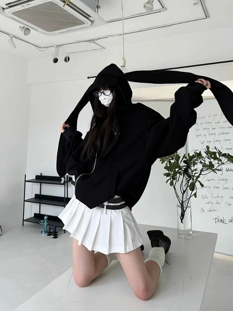 Full Zip Up Rabbit Hoodies Women Streetwear Harajuku Cute Oversized Jacket Preppy Style Y2K Clothes Sweatshirts Ropa Mujer