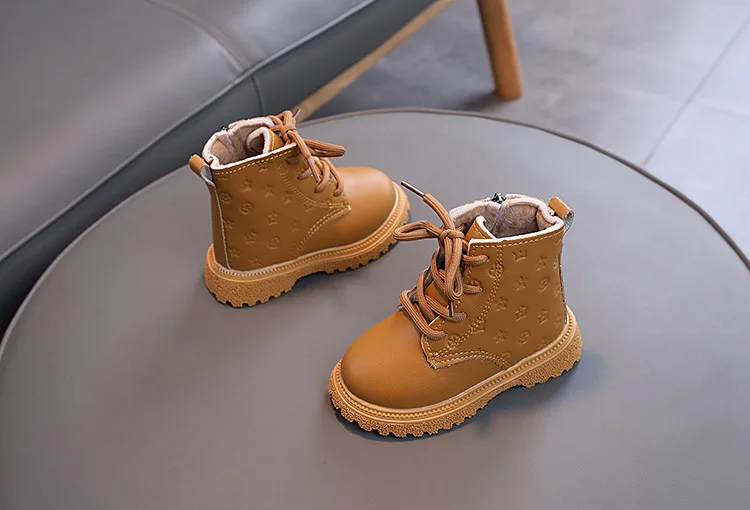 Bedruckte PU-Lederstiefel für Jungen und Mädchen, Herbst-Winter-Fleece-Kurzstiefel, rutschfeste, weiche Sohle, Freizeitstiefel, modische Kinderstiefel, Babystiefel – Detail 8