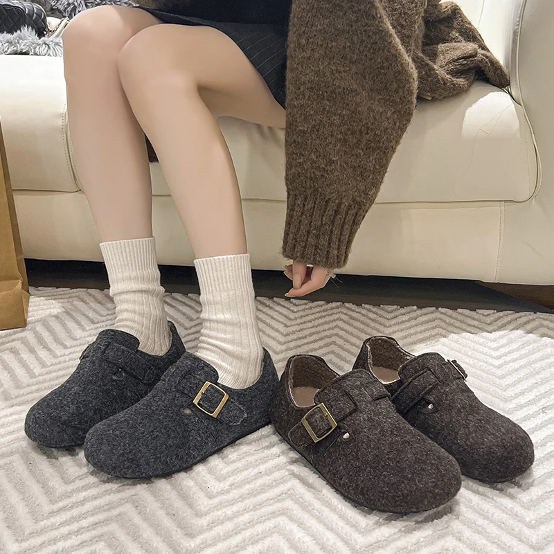 

Winter Elegant Round Toe Sexy Buckle and Velvet Flat Casual Shoes Fashionable Hot Selling New Comfortable Women's Shoes