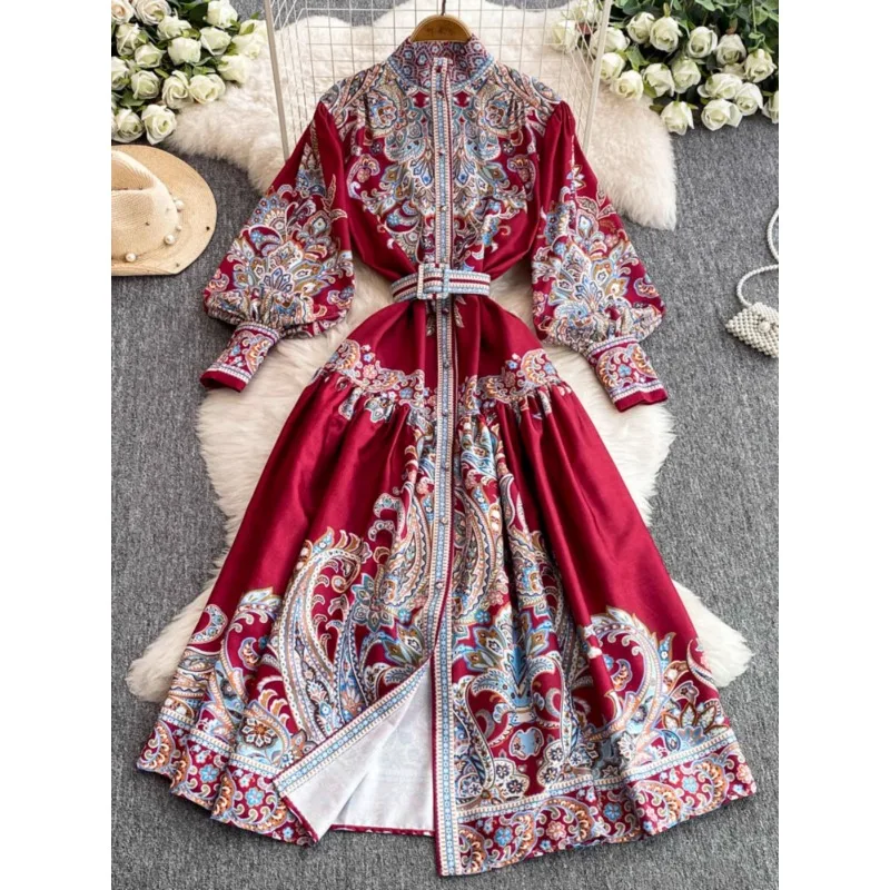 الرجعية المحكمة الأوروبية الوقوف طوق واحدة الصدر زر جرس كم الخصر Cinching مطوي التخسيس طويل طباعة ألف خط فستان #4