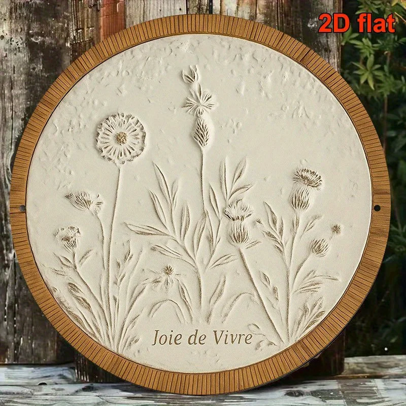 Plaque murale ronde en métal style rétro, motif floral botanique, citation française « Joie de Vivre », décoration murale artistique florale pour porche de chalet, chambre, ferme
