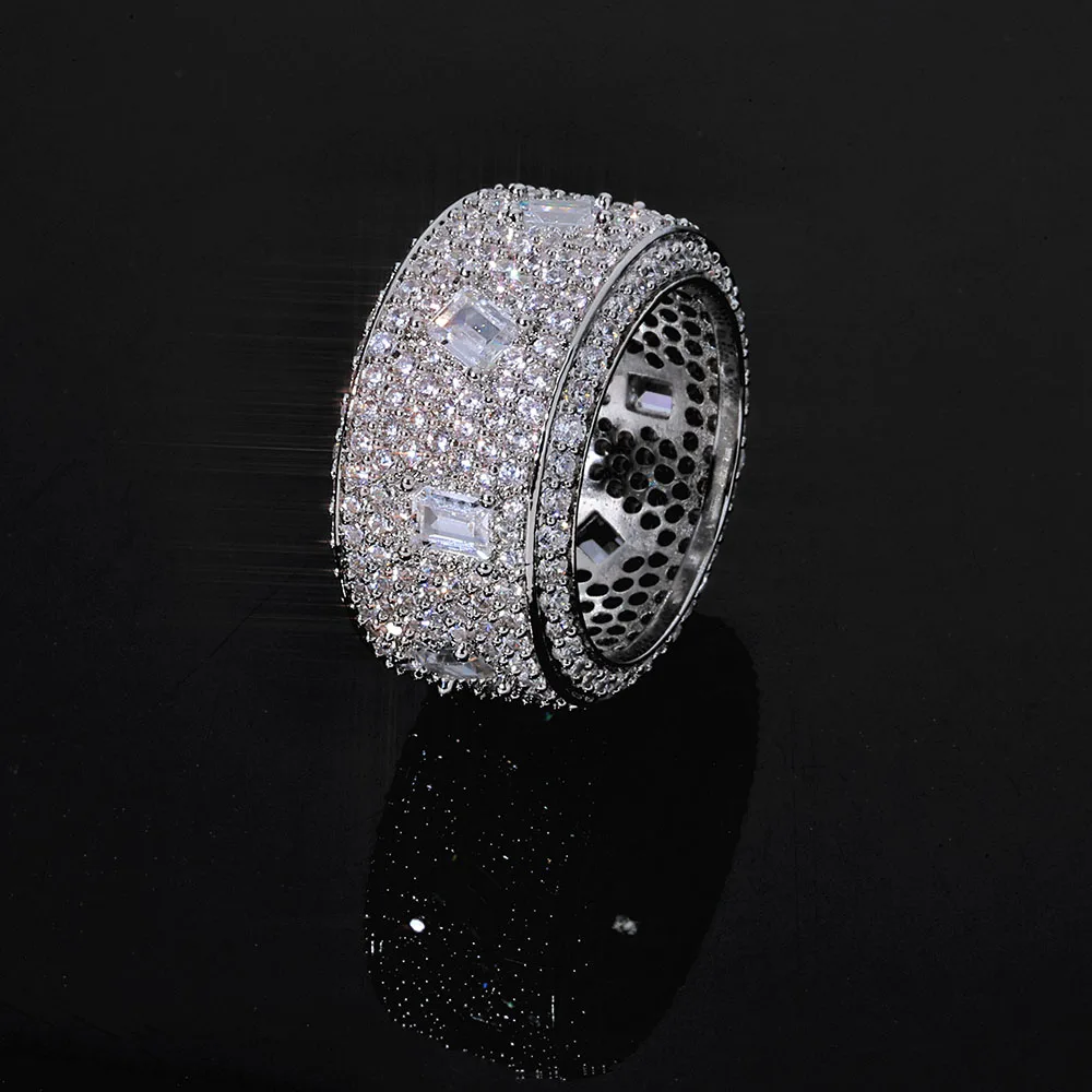 

NY Hip Hop Style Silver Plated Fully Iced Diamond Ring Mixed Inlay Geometric Shape Zirconia Bling Ring for Men and Women Gift