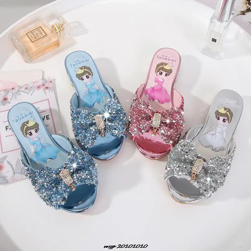 Disney Girls Sandals Cosplay Slipper Sequined Princesse Children High Heel Party Dress Shoes Leather Slipper For Kids Slides