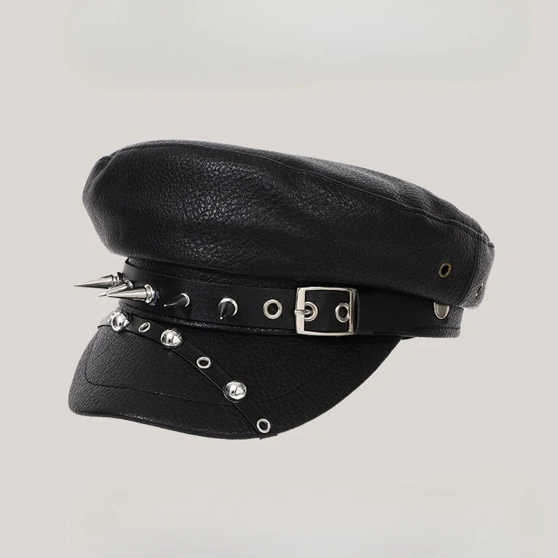 Women's Trendy Beret Black Pu Leather Flat Top Captain Military Caps Women's Accessories