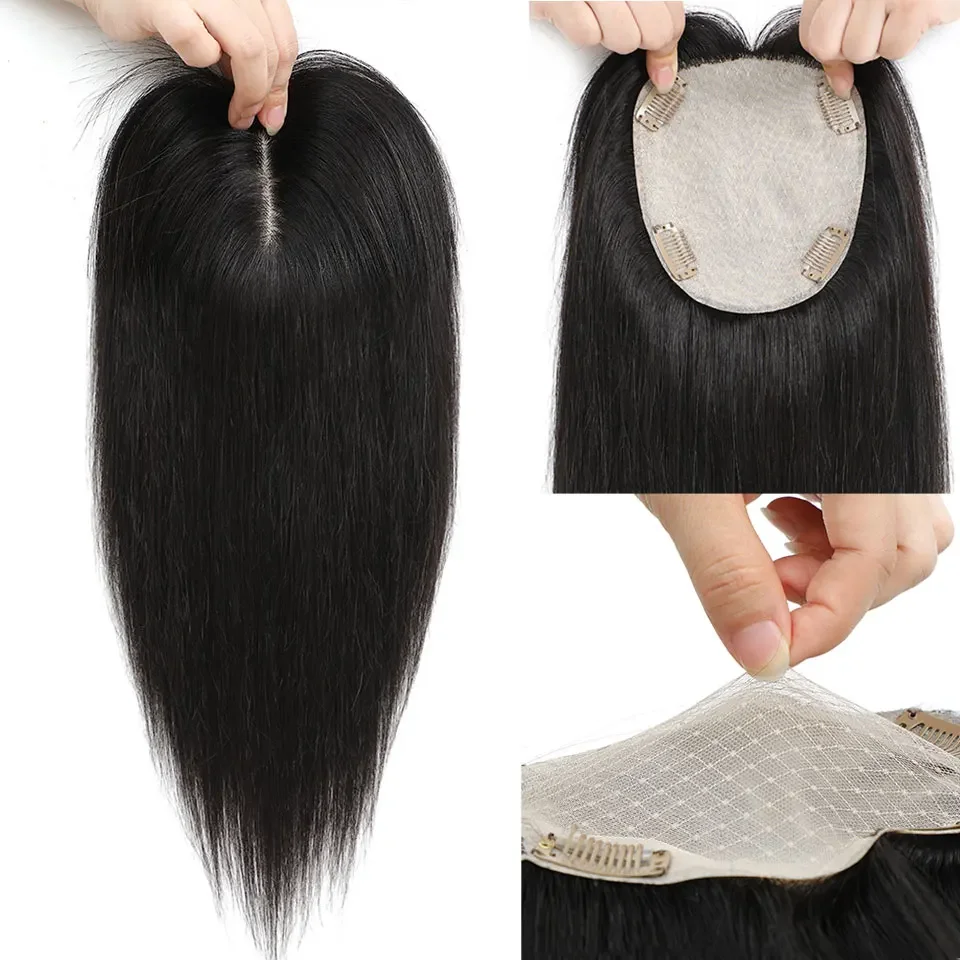 Skin Base Human Hair Topper With Bangs For Women Brown Toupee Hair Pieces Breathable Silk Base Clip in Topper Hair Extension