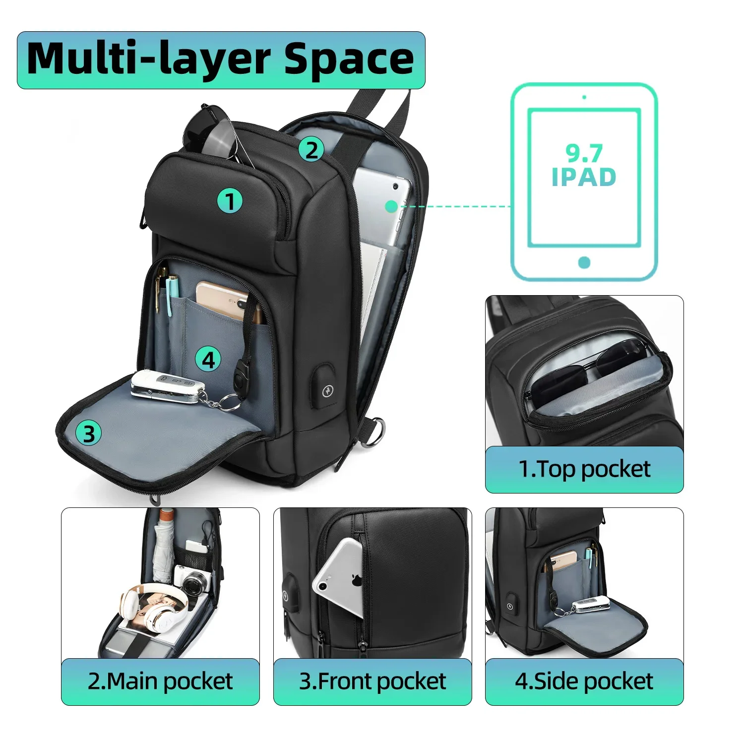 Eurcool Sling Bags for Men Chest Waterproof Cross Body Shoulder Bag For Husband Gift Messenger Pack with USB Charging 9.7\