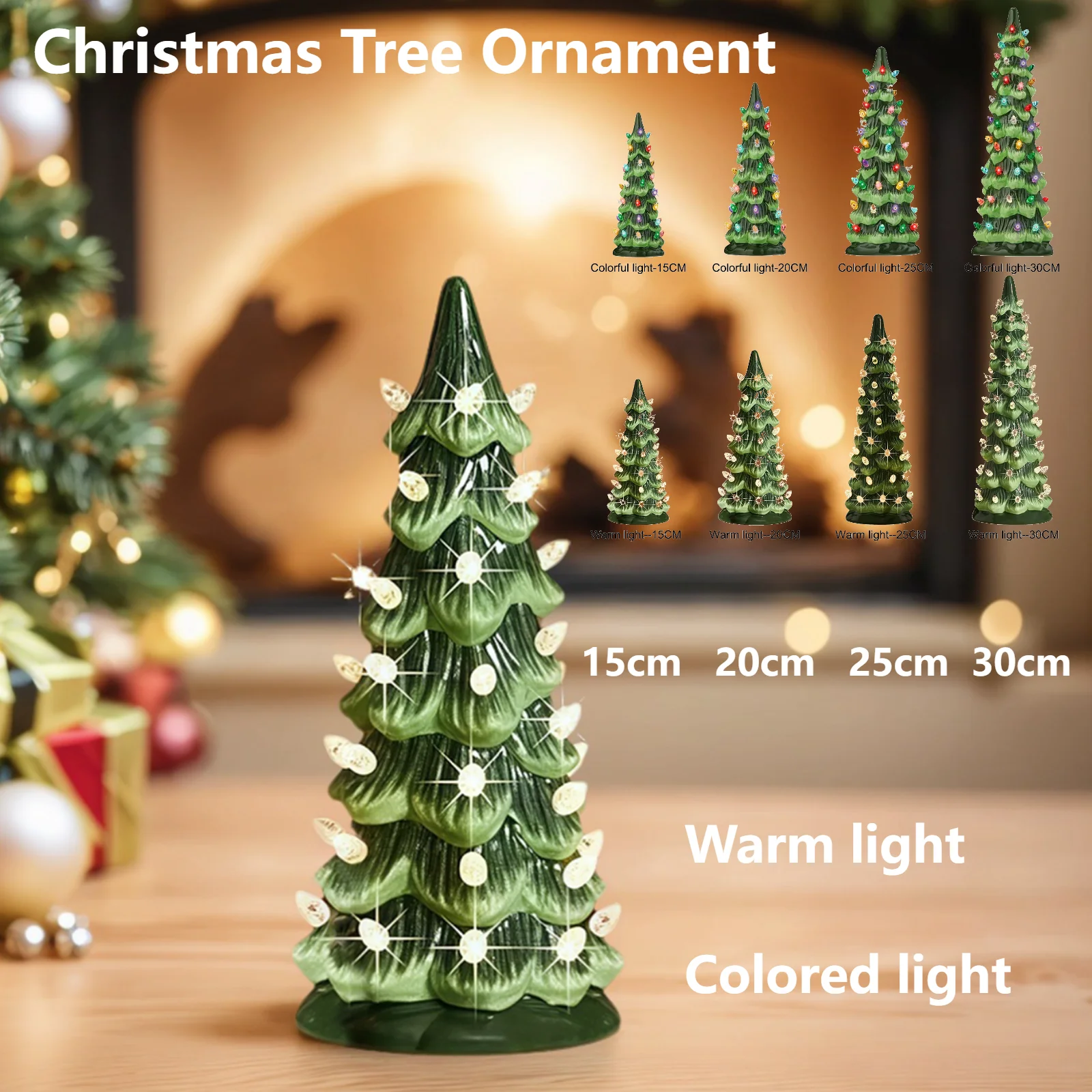 أشجار عيد الميلاد الرجعية المرسومة يدويًا على سطح الطاولة مع أضواء LED زينة شجرة عيد الميلاد الصغيرة من الراتنج لتزيين سطح المكتب والمكتب المنزلي