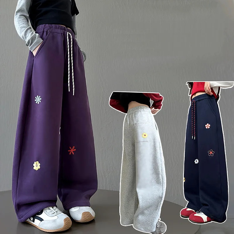 Children's Autumn Sporty Pants with Drawstring Flower Embroidery Teenage Girls Trousers Simple Kids Sweatpants Trackpants 4-14Y