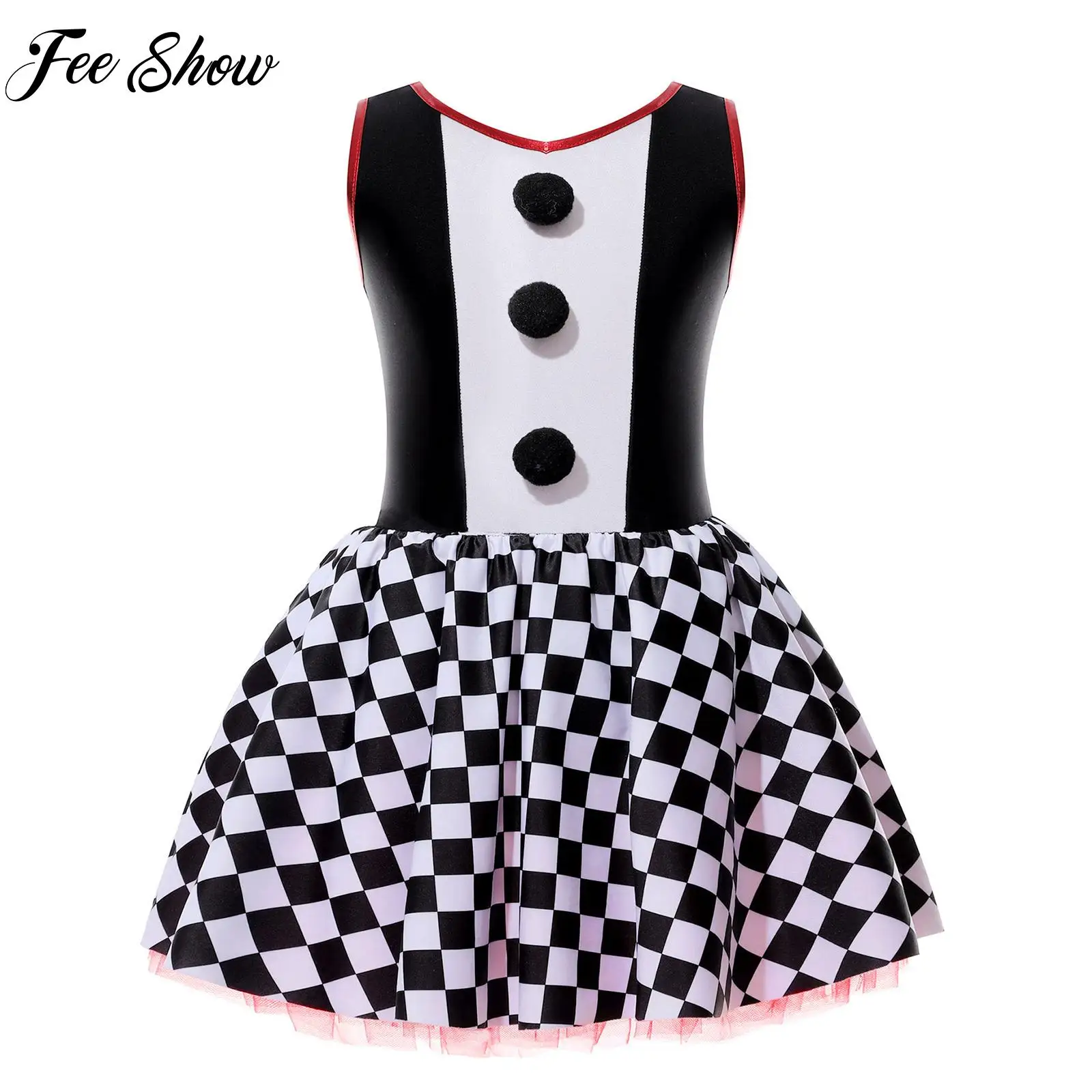 

Kids Girls Clown Costume Checkerboard Print Color Contrast Tutu Party Dress Costume for Halloween Cosplay Carnival Performance