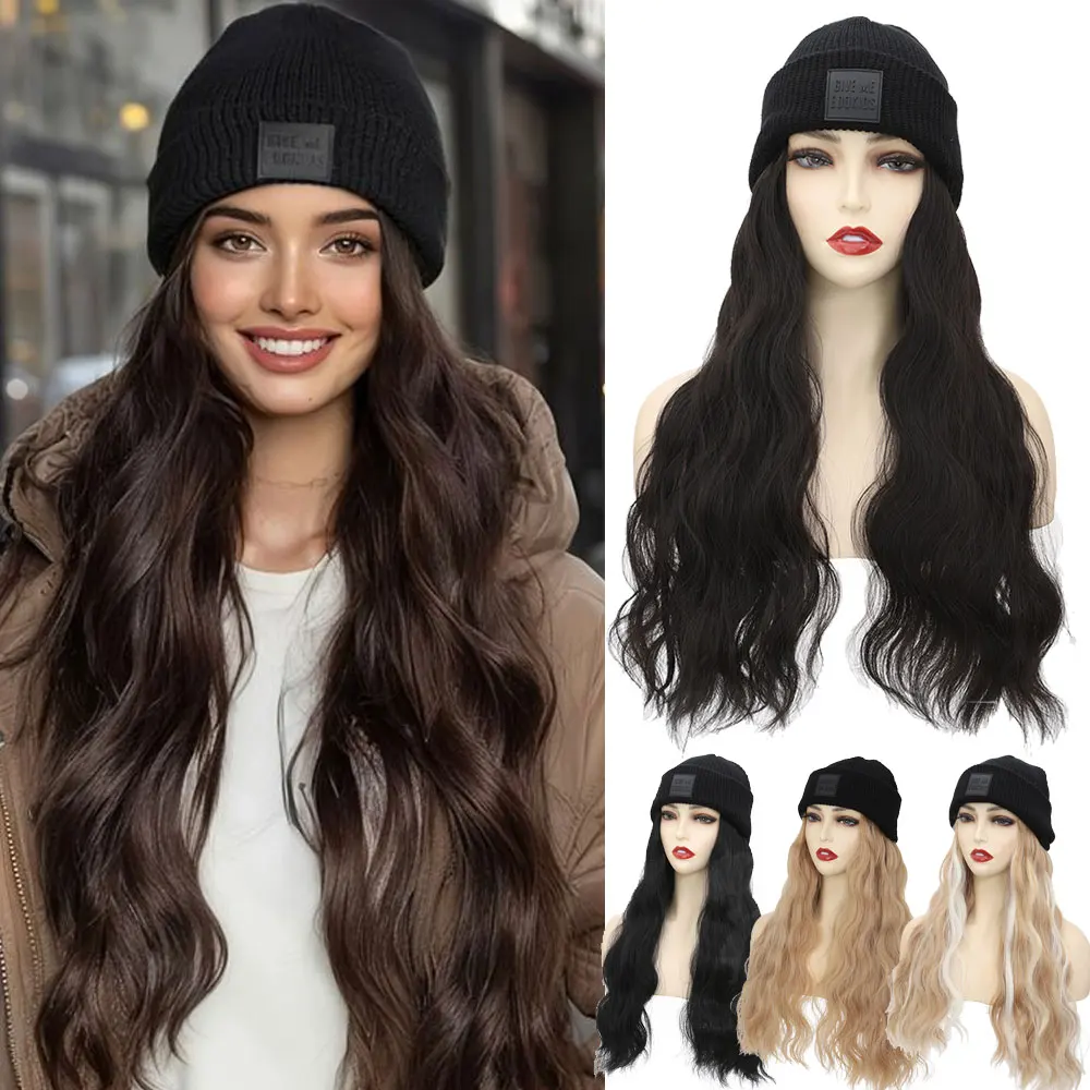 S-noilite Synthetic Hat Wig Beanies Hat With Hair Wigs For Women Short Straight Wavy Hair Warm Plush Knitted Autumn Winter Cap