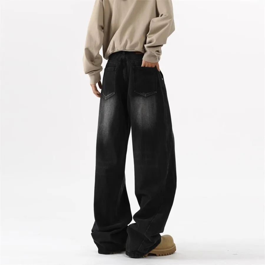 Vintage Men's Straight Wide Leg Washed Loose Fit Baggy Jeans Male Streetwear Cowboy Denim Straight Trousers