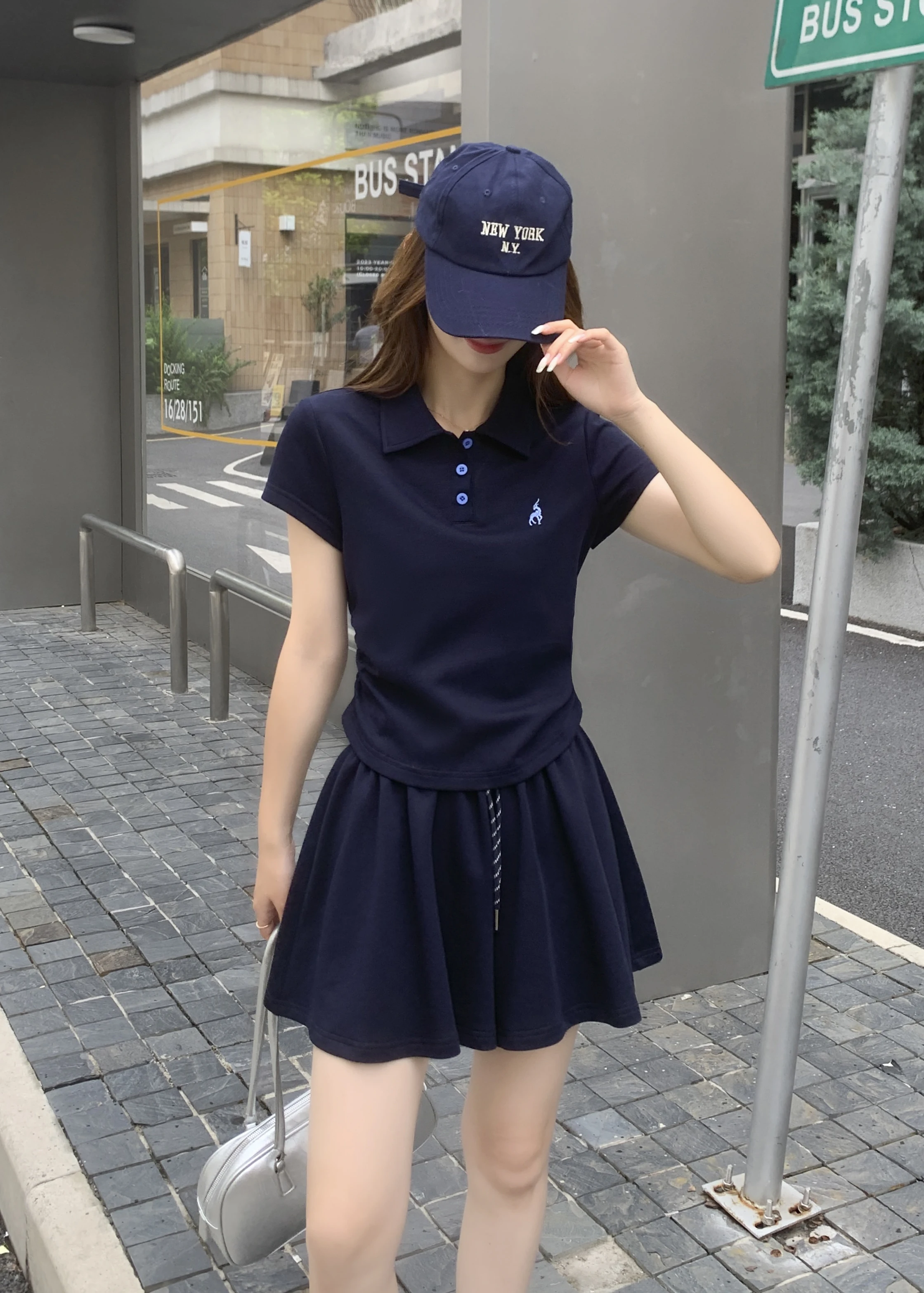 

2PCS Women's Dresses Short Sleeve Tops + Skirt Shorts Female's Dress Clothing Set Navy Grey