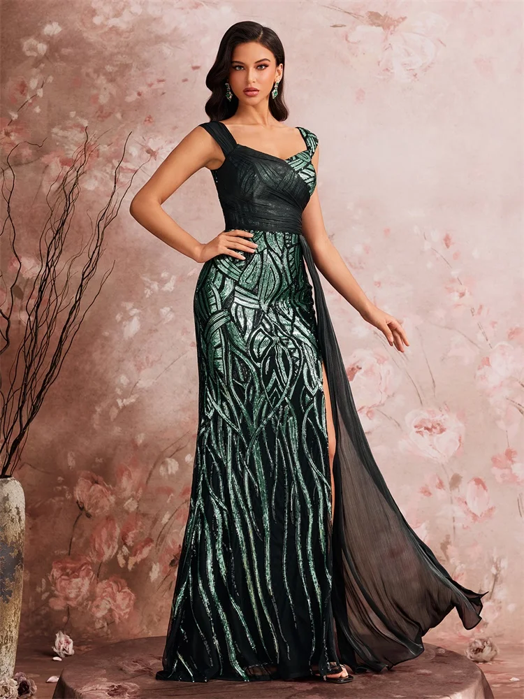 Elegante Splice Pailletten Slit Avondjurken Dames Mouwloze Zeemeermin Formele Luxe Party Streamer Cocktailjurken