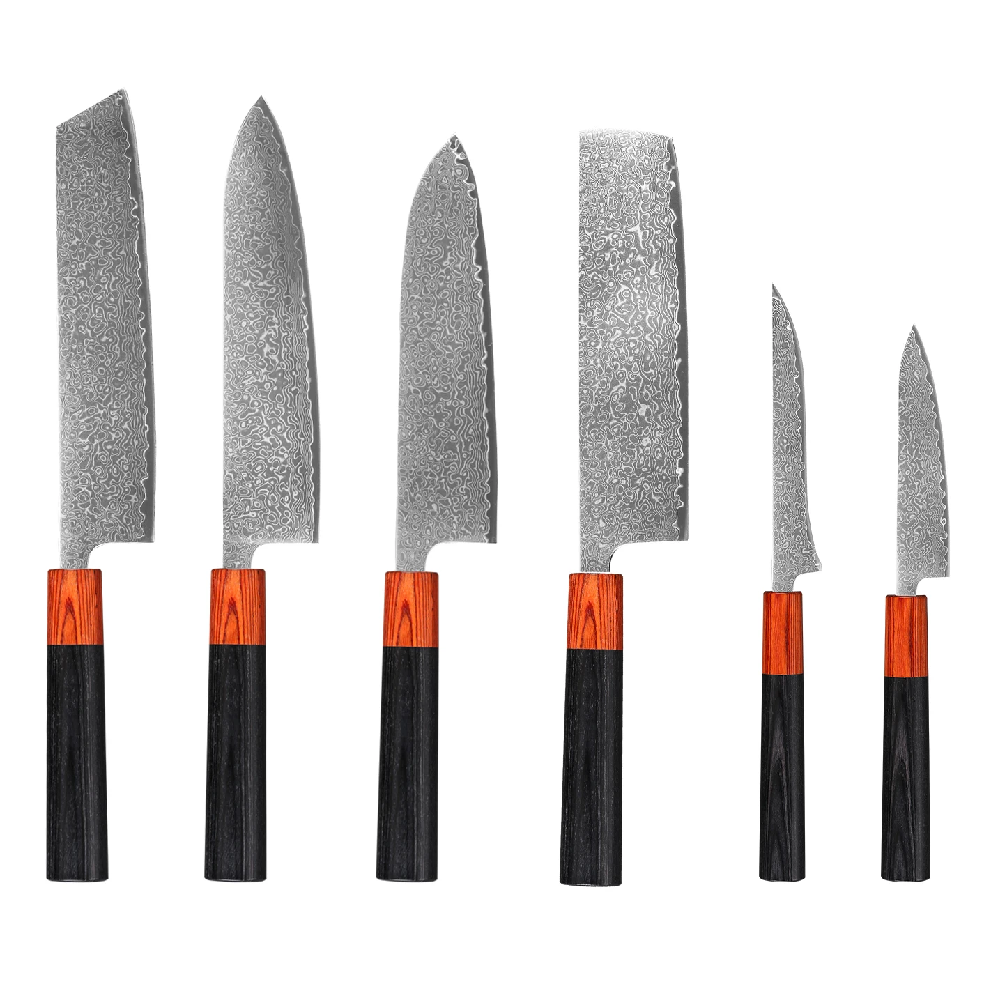 Professional Japanese 1-8pcs Kitchen Knife Set 67 Layers Custom Damascus Steel 15°±1 Per Side Steel Blade with Pakka wood Handle