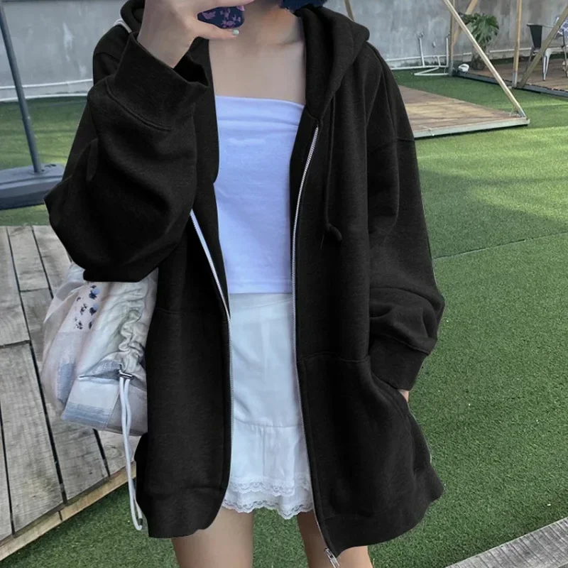 Y2k New Oversize Women Hoodies Casual Solid Zip Up Hooded Sweatshirt Korean Harajuku Loose Couple Hoodie Jacket Coat Streetwear