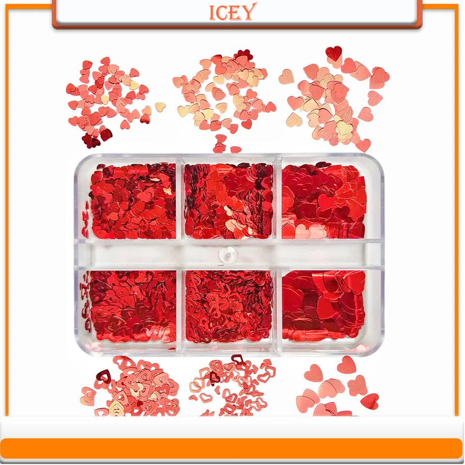 Icey Beauty 1set Valentine's Day Series with Large Red Heart Hollow Out Heart-shaped Nail Glitter Accessories, Multiple Hearts