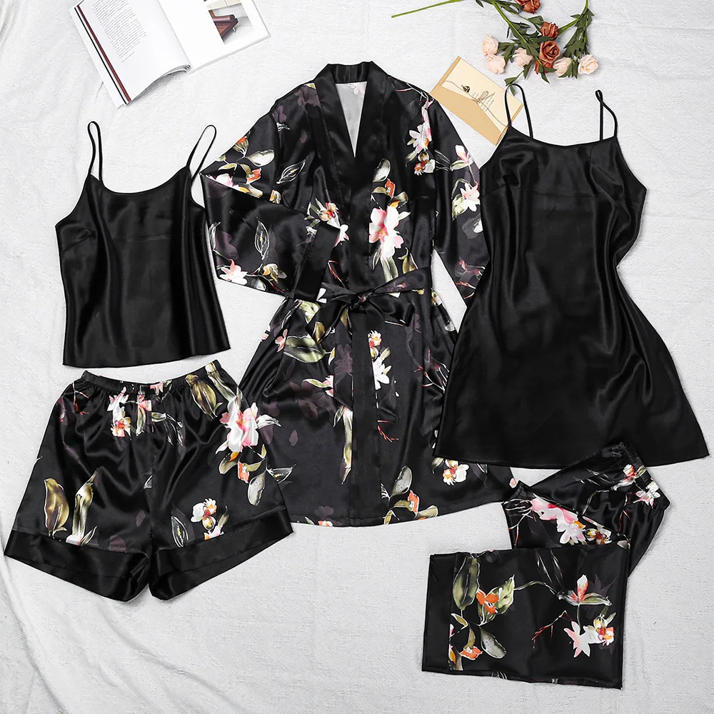 High Quality Floral Printed Pajamas 5 Piece Sleepwear Sets Soft Silky Ice Silk Slip Dress Long Sleeve Robe Home Wear for Women