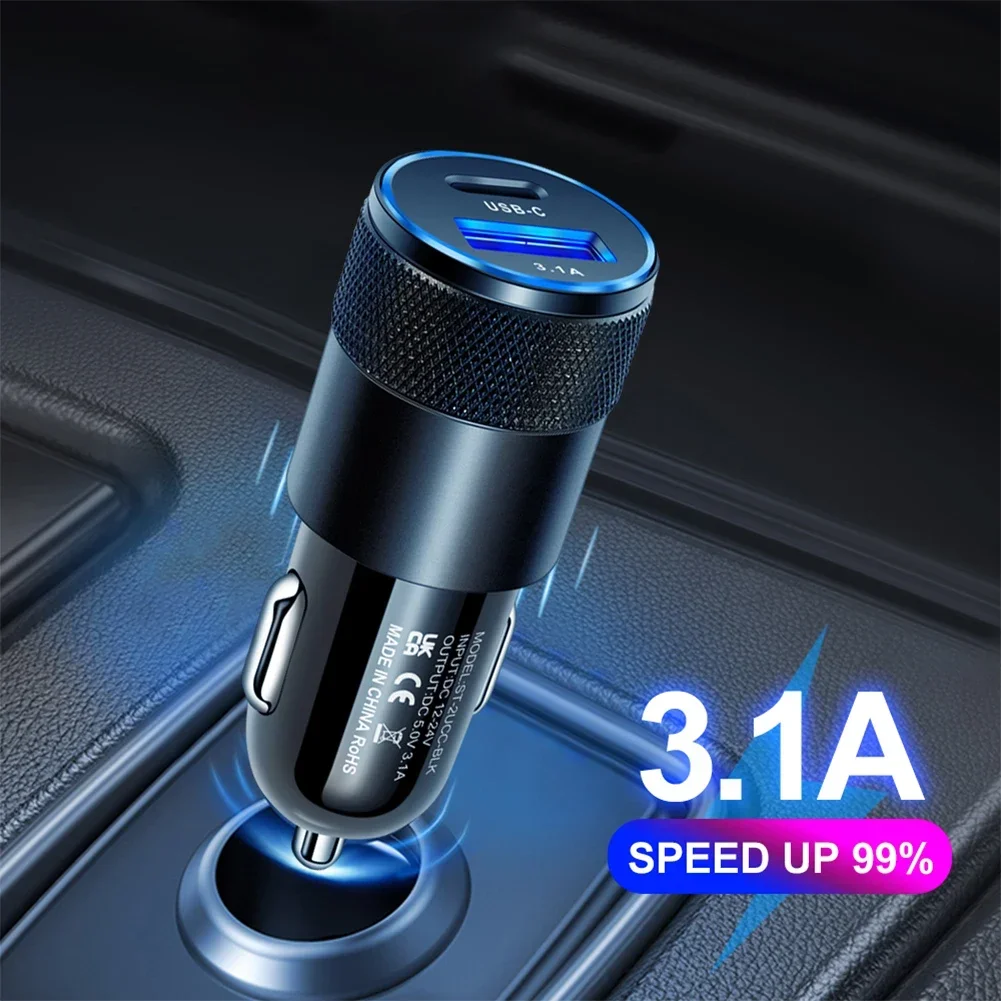 Type C USB 2 Port Car Charger Phone Charger 3.1A Fast Charging 12V 15W Cigarette Lighter Adapter Power Outlet for iPhone Samsung