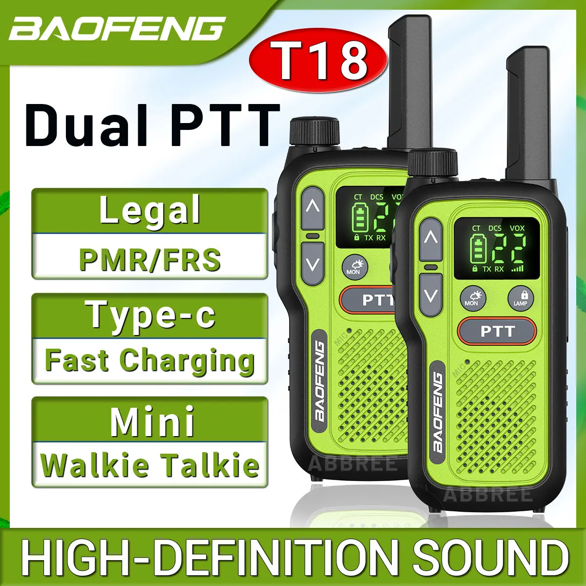 2PCS Baofeng BF-T18 Mini Dual PTT Walkie Talkie Flashlight  Portable PMR 446 FRS Support Type-C Charger NOAA For Hunting Camping