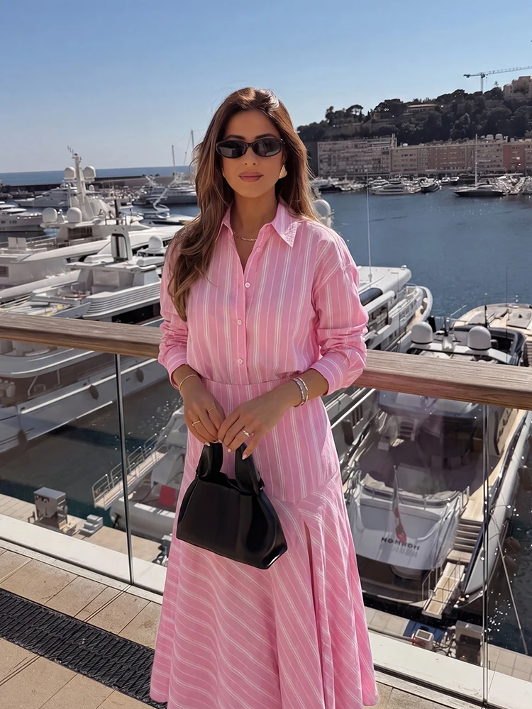 

HH Woman Stripes Pink Lapel Single Breasted Long Sleeves Shirt+Side Zipper Splicing Pleated Long Skirt Elegant Skirt Suit