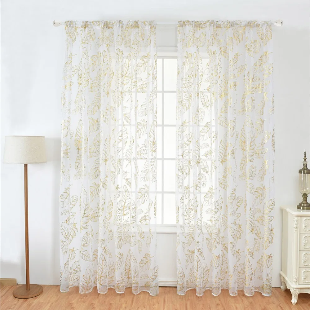 1 set Gold Foil Print Sheer Curtains Floral Pattern Metallic Bronzing Tulle Window Curtains 52