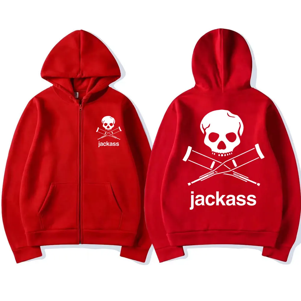 Jackass Logo Graphic Printed Black Zip Hoodie Classic Vintage Sweatshirt Coat Men Women Oversized Casual Loose Cardigan Hoodies