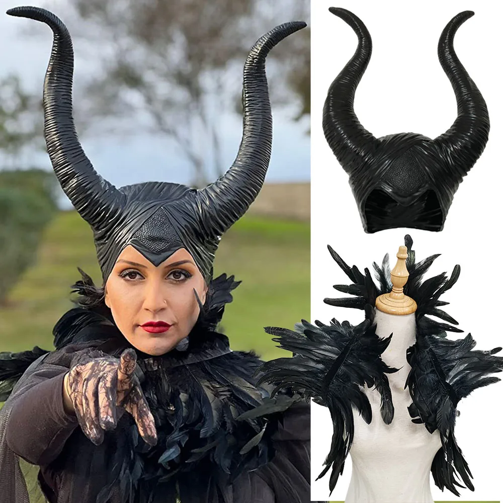 

Black Queen Witch Demon Horns Hat Mask Feather Shrugs Gothic Shawl Cosplay Headpiece Halloween Costumes Headdress Party Props