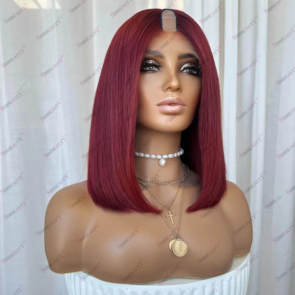 

Silky Straight Red Human Hair U Part Wigs for Women Glueless Easy Wear V Shape Wigs Short Bob Peruvian Remy Burgunday Hair Wigs