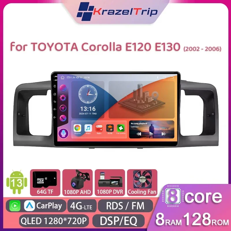 

8 Core QLED 4GLTE Car Radio Stereo for Toyota Corolla E120 2000 - 2006 Carplay Android Auto GPS Head Unit 2 Din Autoradio DSP