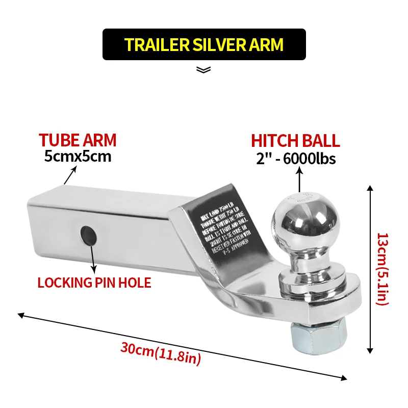 Trailer arm 2inch 6000LBS hitch Ball with Lock pin fixed 5cmx5cm square mouth pipe arm car towing accessories