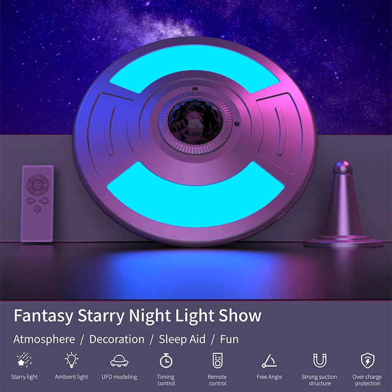 UFO Starry Night Projection Lamp – RGB Nebula Ambient Light with Remote Control, Timer, Magnetic Base for Home, Bedroom, Camping