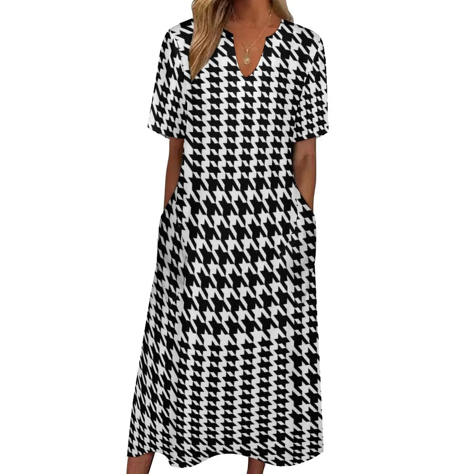 Retro Houndstooth Dress Spring Black White Check Streetwear Boho Beach Long Dresses Ladies Cute Maxi Dress Gift