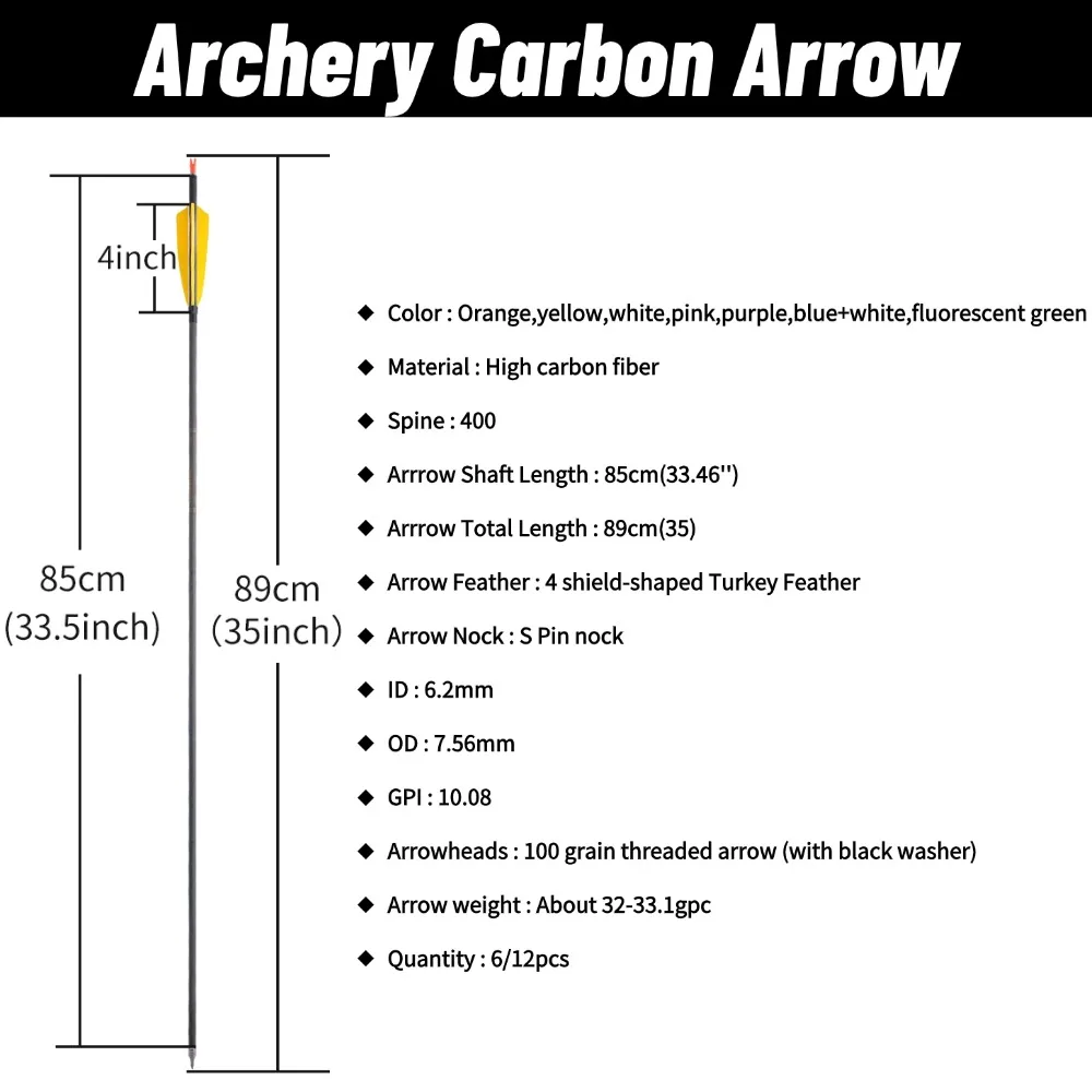 6/12 Uds 35 pulgadas columna vertebral 400 tiro con arco flechas de carbono ID 6,2mm eje S Pin Nock arco compuesto recurvo tiro caza flechas de carbono