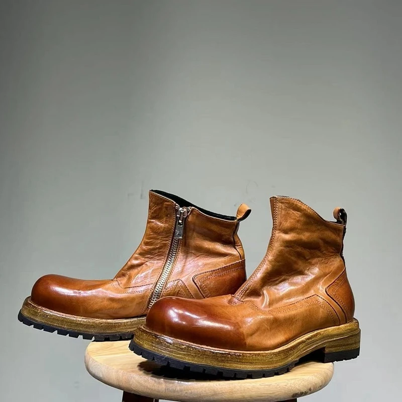 

Мужская обувь из натуральной кожи, нескользящие износостойкие рабочие ботильоны на толстой подошве, винтажные повседневные мотоциклетные ботинки ручной работы из воловьей кожи