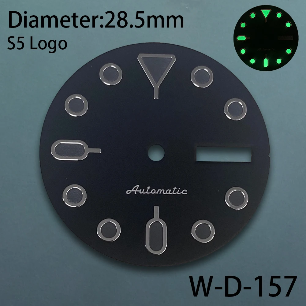 28.5mm S5 Logo SKX007 Dial Fit NH36/4R36 Movement Green Luminous Black Matte Dual Calendar Dial Watch Modification Accessories