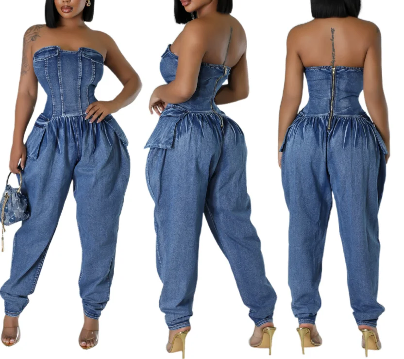 

2026 Women's Elegant Sexy Instagram Splicing Strapless Women's High Stretch Fashionable Waist Cinching Slimming Denim Jumpsuit