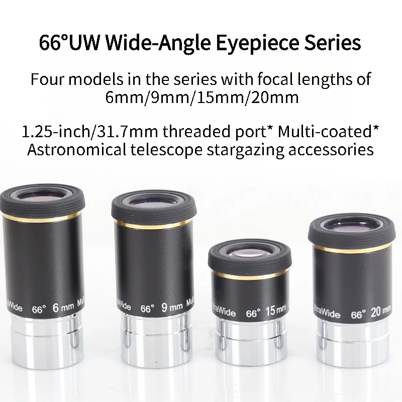 

1 шт., 1,25-дюймовый интерфейс, сверхширокоугольный окуляр 66 градусов, фокусное расстояние 6 мм/9 мм/15 мм/20 мм, аксессуары для астрономических телескопов