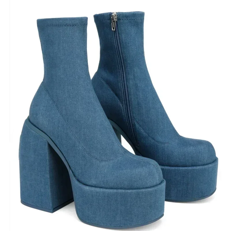 Botas de tornozelo de designer para mulheres marca mulher saltos plataforma chunky azul botas de cowboy sólido plutônio sapatos femininos novo sexy