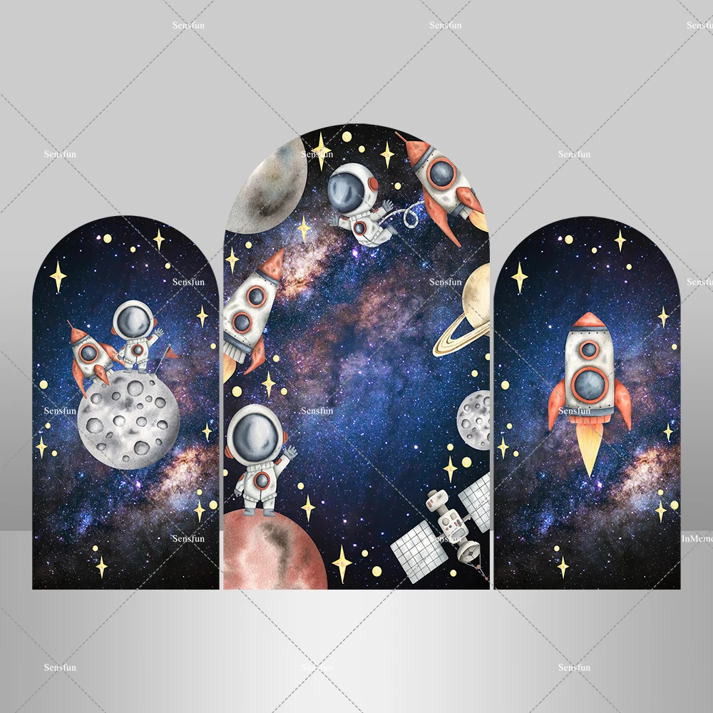 الفضاء الخارجي رائد الفضاء الصبي 1st حفلة عيد ميلاد قوس خلفية غطاء استحمام الطفل ديكور غالاكسي صاروخ كوكب خلفية لافتة الحفلات